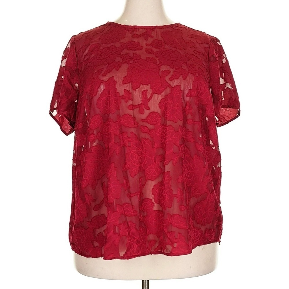 NWT Torrid Red Chiffon Floral Blouse 2X Flutter Sleeve Bubble Hem Sheer Romantic - Picture 2 of 9